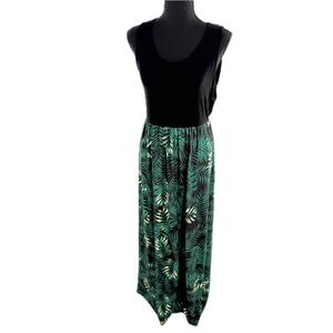Sherosa Boho Black/Green Tropical Fern Leaf Tank Sleeveless Maxi Dress Size Med